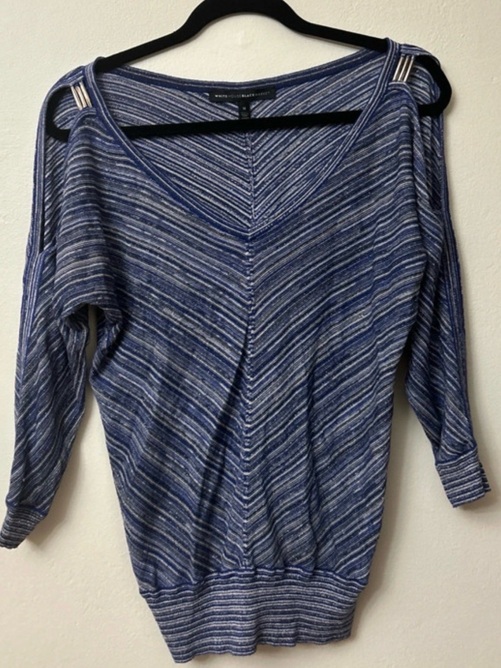 White House, black market blue blouse with open shoulders size medium